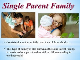  Consists of a mother or father and their child or children .
 This type of family is also known as the Lone Parent Family.
It consists of one parent and a child or children residing in
one household.
 