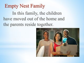 Empty Nest Family
In this family, the children
have moved out of the home and
the parents reside together.
 