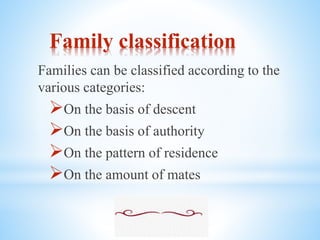 Family classification
Families can be classified according to the
various categories:
On the basis of descent
On the basis of authority
On the pattern of residence
On the amount of mates
 
