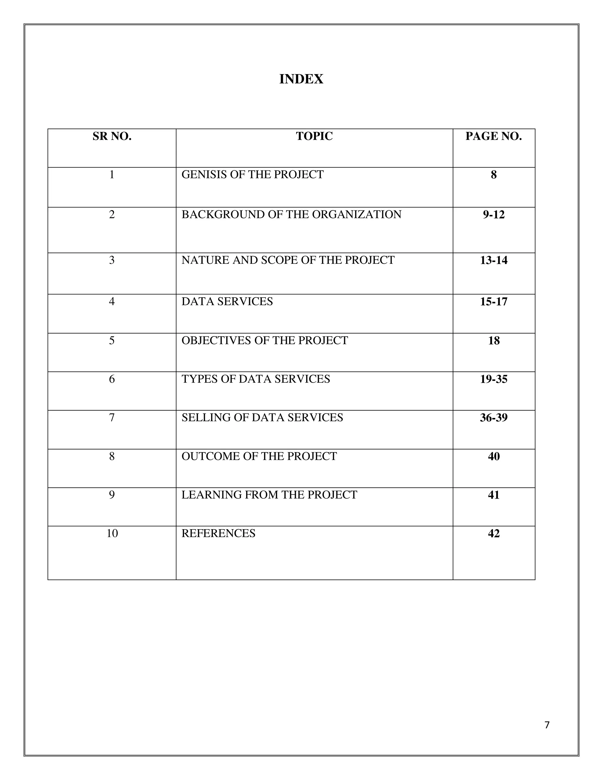 7
INDEX
SR NO. TOPIC PAGE NO.
1 GENISIS OF THE PROJECT 8
2 BACKGROUND OF THE ORGANIZATION 9-12
3 NATURE AND SCOPE OF THE PROJECT 13-14
4 DATA SERVICES 15-17
5 OBJECTIVES OF THE PROJECT 18
6 TYPES OF DATA SERVICES 19-35
7 SELLING OF DATA SERVICES 36-39
8 OUTCOME OF THE PROJECT 40
9 LEARNING FROM THE PROJECT 41
10 REFERENCES 42
 