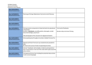 A2 Media Studies
AdvancedPortfolio
ProductionDiary2015/16
Mon W/B 01/02/16
(Detailed Weekly Summary)
Mon W/B 08/02/16
(Detailed Weekly Summary)
PlanningonfilminginManchesterCityCentre endof February.
Mon W/B 15/02/16
(Detailed Weekly Summary)
Mon W/B 22/02/16
(Detailed Weekly Summary)
Mon W/B 29/02/16
(Detailed Weekly Summary)
Filmingnarrative componentsof videothathadto be abandoned
inNovember.
locations:manchester; piccadilly gardens, deansgate, outside
lowry hotel (bridge), quay house.
Take photographs of the charactersfor digipack andadvert.
Finisheditof flashbacks
Decide onday to domore filming.
Mon W/B 01/03/16
(Detailed Weekly Summary)
ColourgradingclipsthroughoutmyvideoinAdobe Premiere Pro.
Mon W/B 07/03/16
(Detailed Weekly Summary)
Digipack andPosterfinal touchupscompleted anduploadedto
blog.
Re-shootsome scenesof videoincorporatingnew ideas.
Mon W/B 14/03/16
(Detailed Weekly Summary)
Internal -Flashbacks-editcomplete, rendered,andexportedso
that itcould feature inthe restof the videowhile itgetsprojected
ontoa screen.
Mon W/B 21/03/16
(Detailed Weekly Summary)
Filmingpresenttense clipsincludingthe projectedvideosections
inside aconvertedgarage.
 