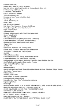 Coverall (Boiler Suits)
Cut and Saw Factory for Home Furnishing
Low Cost Airlines (Like Kingfisher, Jet, Air Deccan, Go Air, Spice Jet)
Iron Ore Mining and Processing
STAINLESS STEEL PLANT
Clutch Lining for four wheelers
Vermicilli Automatic Plant
Paracetamol form Phenol as Building Block
Coal Mining
Tomato Processing Unit
Power Cable
Clay and Sand Bricks Plant
Fuel Bricks From Groundnut, Soyabean Hull & Jute
Cocoa Beverages Powder in Granules Form
Paper Shopping Bags
Steel Fabrication
Polyester Master Used for Mini Offset Printing Machines
Carbon Tetra Chloride
Chloroform (CHCL3)
Calcined Petroleum Coke(Rotary / Horizontal Kiln Based)
Calcined Petroleum Coke(Vertical Shaft Kiln Based)
Medicated Lozenges (Like Strepsils, Halls, Vicks)
Copper Strips
steel Mill
Vermiculture Production with Training Centre
Particle Board From Agro Waste & Sugarcane Baggase
Vermiculture Production with Training Centre
Steel Mill
Calcined Petroleum Coke
Calcined Petroleum Coke (Rotary Horizontal Kiln Based)
Calcined Petroleum Coke (Vartical Shaft Kiln Based)
Insulator (Made by fiber Glass & Reinforced Plastics by Hand Moulding Machine)
Steel Re-Rolling Mill (Including Scrap Melting Furnace)
Sugar Candy (Mishri) Pearl Type
Sodium Azide
Megnesium Metal
Copper Sulphate From Copper Scrap, Copper Ash, Industrial Waste Containing Copper Content
Gum Karaya Processing Unit
Petroleum Coke
Stainless Steel Cutlery
Plastic Files & Its Smaller Components
Packaged Bottled Drinking Water
Bottled Drinking Water With Pet Bottles Manufacturing
Engineering College
Blood Bags
MARORPHALI POWDER & OIL (POWDER AND EXTRACTION OF OIL FROM MARORPHALI)
ALKALINE ACCUMULATORS (NI-FE STORAGE BATTERY)
SUPER ENAMELLED COPPER WIRE FROM COPPER SCRAP
COLOURED FLAME CANDLES
BLENDING OF PUFF POLYOL AND PUFF SANDWITCH PANELS
BRASS BUSHES (RODS & BUSHES)
LEAD ALLOY FROM BATTERY SCRAPS
PLASTAZOTE POLYETHYLENE FOAM USED FOR FIBRE CABLE JOINT
146/234
 
