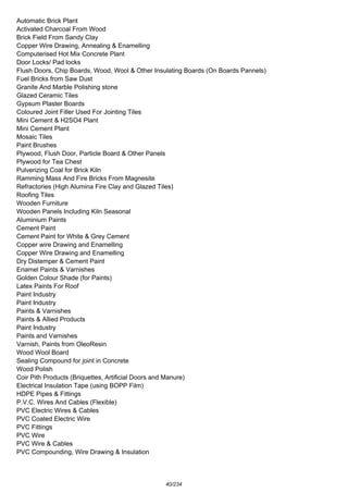 Automatic Brick Plant
Activated Charcoal From Wood
Brick Field From Sandy Clay
Copper Wire Drawing, Annealing & Enamelling
Computerised Hot Mix Concrete Plant
Door Locks/ Pad locks
Flush Doors, Chip Boards, Wood, Wool & Other Insulating Boards (On Boards Pannels)
Fuel Bricks from Saw Dust
Granite And Marble Polishing stone
Glazed Ceramic Tiles
Gypsum Plaster Boards
Coloured Joint Filler Used For Jointing Tiles
Mini Cement & H2SO4 Plant
Mini Cement Plant
Mosaic Tiles
Paint Brushes
Plywood, Flush Door, Particle Board & Other Panels
Plywood for Tea Chest
Pulverizing Coal for Brick Kiln
Ramming Mass And Fire Bricks From Magnesite
Refractories (High Alumina Fire Clay and Glazed Tiles)
Roofing Tiles
Wooden Furniture
Wooden Panels Including Kiln Seasonal
Aluminium Paints
Cement Paint
Cement Paint for White & Grey Cement
Copper wire Drawing and Enamelling
Copper Wire Drawing and Enamelling
Dry Distemper & Cement Paint
Enamel Paints & Varnishes
Golden Colour Shade (for Paints)
Latex Paints For Roof
Paint Industry
Paint Industry
Paints & Varnishes
Paints & Allied Products
Paint Industry
Paints and Varnishes
Varnish, Paints from OleoResin
Wood Wool Board
Sealing Compound for joint in Concrete
Wood Polish
Coir Pith Products (Briquettes, Artificial Doors and Manure)
Electrical Insulation Tape (using BOPP Film)
HDPE Pipes & Fittings
P.V.C. Wires And Cables (Flexible)
PVC Electric Wires & Cables
PVC Coated Electric Wire
PVC Fittings
PVC Wire
PVC Wire & Cables
PVC Compounding, Wire Drawing & Insulation
40/234
 