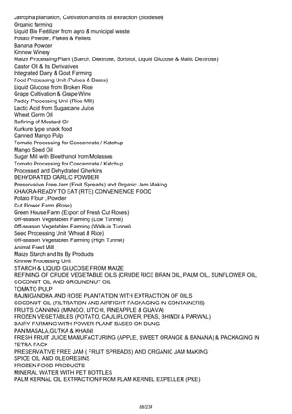 Jatropha plantation, Cultivation and its oil extraction (biodiesel)
Organic farming
Liquid Bio Fertilizer from agro & municipal waste
Potato Powder, Flakes & Pellets
Banana Powder
Kinnow Winery
Maize Processing Plant (Starch, Dextrose, Sorbitol, Liquid Glucose & Malto Dextrose)
Castor Oil & Its Derivatives
Integrated Dairy & Goat Farming
Food Processing Unit (Pulses & Dates)
Liquid Glucose from Broken Rice
Grape Cultivation & Grape Wine
Paddy Processing Unit (Rice Mill)
Lactic Acid from Sugarcane Juice
Wheat Germ Oil
Refining of Mustard Oil
Kurkure type snack food
Canned Mango Pulp
Tomato Processing for Concentrate / Ketchup
Mango Seed Oil
Sugar Mill with Bioethanol from Molasses
Tomato Processing for Concentrate / Ketchup
Processed and Dehydrated Gherkins
DEHYDRATED GARLIC POWDER
Preservative Free Jam (Fruit Spreads) and Organic Jam Making
KHAKRA-READY TO EAT (RTE) CONVENIENCE FOOD
Potato Flour , Powder
Cut Flower Farm (Rose)
Green House Farm (Export of Fresh Cut Roses)
Off-season Vegetables Farming (Low Tunnel)
Off-season Vegetables Farming (Walk-in Tunnel)
Seed Processing Unit (Wheat & Rice)
Off-season Vegetables Farming (High Tunnel)
Animal Feed Mill
Maize Starch and Its By Products
Kinnow Processing Unit
STARCH & LIQUID GLUCOSE FROM MAIZE
REFINING OF CRUDE VEGETABLE OILS (CRUDE RICE BRAN OIL, PALM OIL, SUNFLOWER OIL,
COCONUT OIL AND GROUNDNUT OIL
TOMATO PULP
RAJNIGANDHA AND ROSE PLANTATION WITH EXTRACTION OF OILS
COCONUT OIL (FILTRATION AND AIRTIGHT PACKAGING IN CONTAINERS)
FRUITS CANNING (MANGO, LITCHI, PINEAPPLE & GUAVA)
FROZEN VEGETABLES (POTATO, CAULIFLOWER, PEAS, BHINDI & PARWAL)
DAIRY FARMING WITH POWER PLANT BASED ON DUNG
PAN MASALA,GUTKA & KHAINI
FRESH FRUIT JUICE MANUFACTURING (APPLE, SWEET ORANGE & BANANA) & PACKAGING IN
TETRA PACK
PRESERVATIVE FREE JAM ( FRUIT SPREADS) AND ORGANIC JAM MAKING
SPICE OIL AND OLEORESINS
FROZEN FOOD PRODUCTS
MINERAL WATER WITH PET BOTTLES
PALM KERNAL OIL EXTRACTION FROM PLAM KERNEL EXPELLER (PKE)
88/234
 