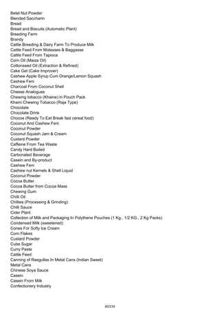 Betel Nut Powder
Blended Saccharin
Bread
Bread and Biscuits (Automatic Plant)
Breeding Farm
Brandy
Cattle Breeding & Dairy Farm To Produce Milk
Cattle Feed From Molasses & Baggasse
Cattle Feed From Tapioca
Corn Oil (Maize Oil)
Cottonseed Oil (Extraction & Refined)
Cake Gel (Cake Improver)
Cashew Apple Syrup Cum Orange/Lemon Squash
Cashew Feni
Charcoal From Coconut Shell
Cheese Analogues
Chewing tobacco (Khaine) in Pouch Pack
Khaini Chewing Tobacco (Raja Type)
Chocolate
Chocolate Drink
Chocos (Ready To Eat Break fast cereal food)
Coconut And Cashew Feni
Coconut Powder
Coconut Squash Jam & Cream
Custard Powder
Caffeine From Tea Waste
Candy Hard Boiled
Carbonated Beverage
Casein and By-product
Cashew Feni
Cashew nut Kernels & Shell Liquid
Coconut Powder
Cocoa Butter
Cocoa Butter from Cocoa Mass
Chewing Gum
Chilli Oil
Chillies (Processing & Grinding)
Chilli Sauce
Cider Plant
Collection of Milk and Packaging In Polythene Pouches (1 Kg., 1/2 KG., 2 Kg Packs)
Condensed Milk (sweetened)
Cones For Softy lce Cream
Corn Flakes
Custard Powder
Cube Sugar
Curry Paste
Cattle Feed
Canning of Rasgullas In Metal Cans (Indian Sweet)
Metal Cans
Chinese Soya Sauce
Casein
Casein From Milk
Confectionery Industry
90/234
 