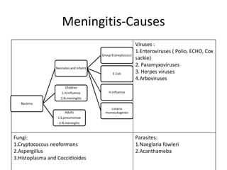 Meningitis-Causes
Viruses :
1.Enteroviruses ( Polio, ECHO, Cox
sackie)
2. Paramyxoviruses
3. Herpes viruses
4.Arboviruses
Fungi:
1.Cryptococcus neoformans
2.Aspergillus
3.Histoplasma and Coccidioides
Parasites:
1.Naeglaria fowleri
2.Acanthameba
Bacteria
Neonates and Infants
Group B streptococci
E.Coli
H.Influenza
Listeria
monocytogenes
Children
1.H.influenza
2.N.meningitis
Adults
1.S.pneumoniae
2.N.meningitis
 