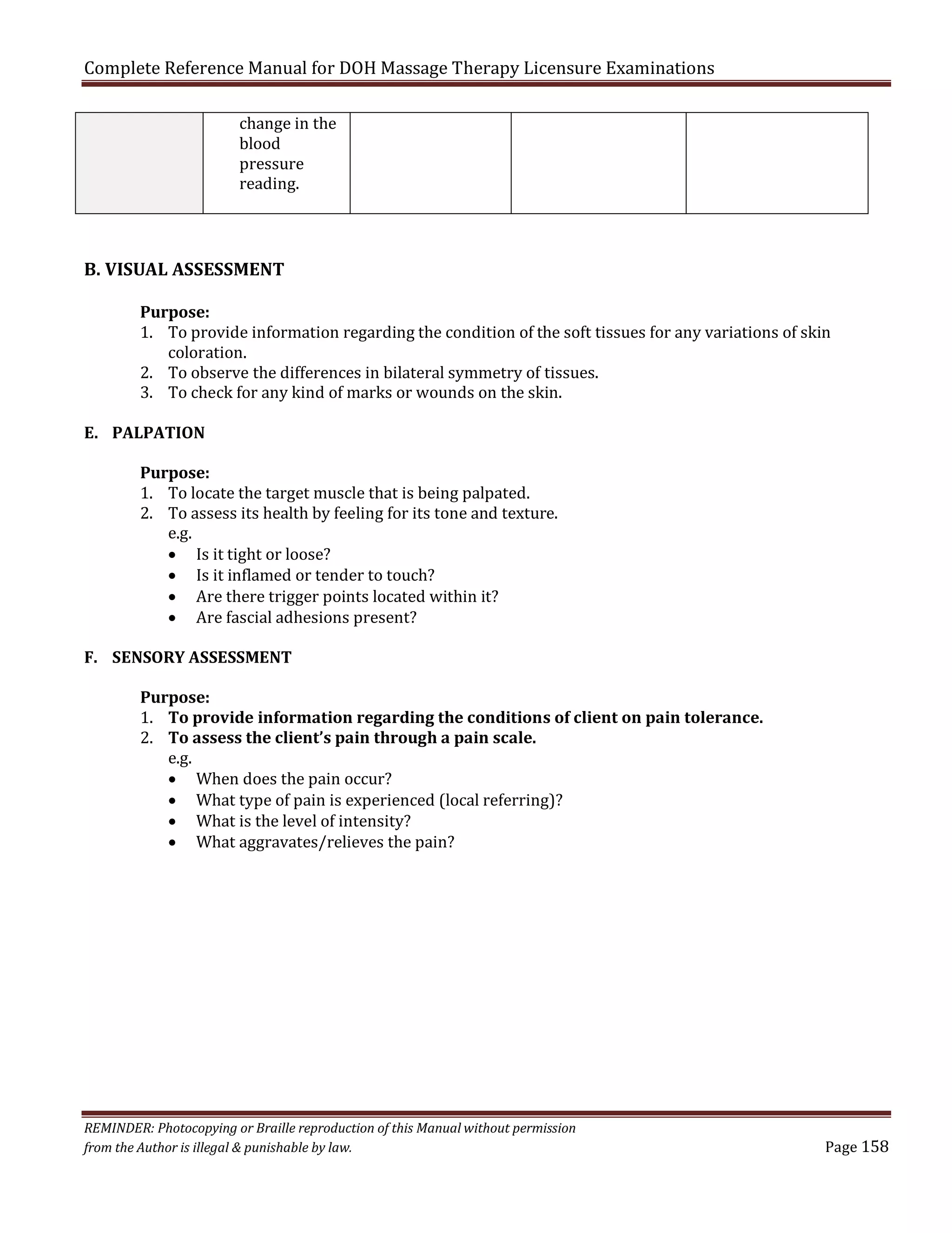 Complete Reference Manual for DOH Massage Therapy Licensure Examinations
change in the
blood
pressure
reading.

B. VISUAL ASSESSMENT
Purpose:
1. To provide information regarding the condition of the soft tissues for any variations of skin
coloration.
2. To observe the differences in bilateral symmetry of tissues.
3. To check for any kind of marks or wounds on the skin.

E. PALPATION

Purpose:
1. To locate the target muscle that is being palpated.
2. To assess its health by feeling for its tone and texture.
e.g.
• Is it tight or loose?
• Is it inflamed or tender to touch?
• Are there trigger points located within it?
• Are fascial adhesions present?

F. SENSORY ASSESSMENT

Purpose:
1. To provide information regarding the conditions of client on pain tolerance.
2. To assess the client’s pain through a pain scale.
e.g.
• When does the pain occur?
• What type of pain is experienced (local referring)?
• What is the level of intensity?
• What aggravates/relieves the pain?

REMINDER: Photocopying or Braille reproduction of this Manual without permission
from the Author is illegal & punishable by law.

Page 158

 