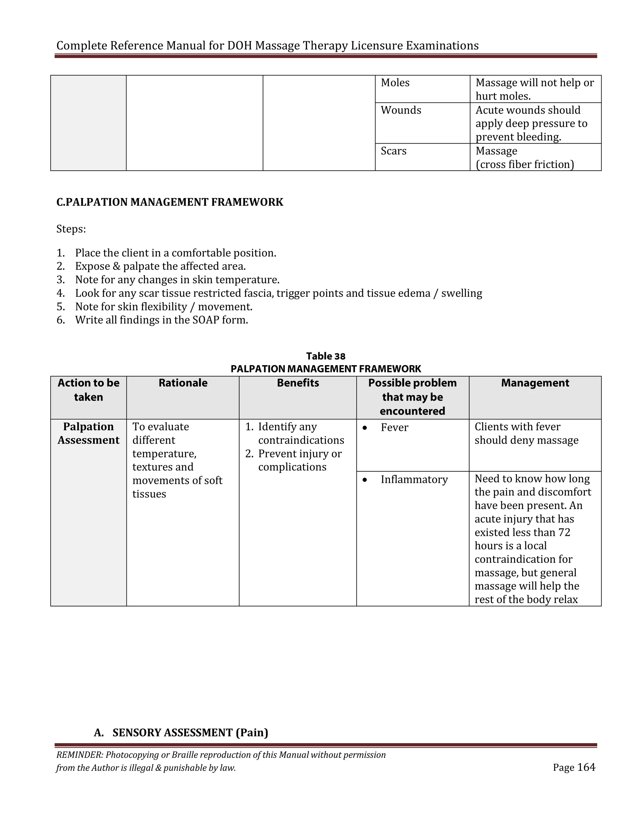 Complete Reference Manual for DOH Massage Therapy Licensure Examinations
Moles

Wounds
Scars

C.PALPATION MANAGEMENT FRAMEWORK

Massage will not help or
hurt moles.
Acute wounds should
apply deep pressure to
prevent bleeding.
Massage
(cross fiber friction)

Steps:
1.
2.
3.
4.
5.
6.

Place the client in a comfortable position.
Expose & palpate the affected area.
Note for any changes in skin temperature.
Look for any scar tissue restricted fascia, trigger points and tissue edema / swelling
Note for skin flexibility / movement.
Write all findings in the SOAP form.
Table 38
PALPATION MANAGEMENT FRAMEWORK

Action to be
taken
Palpation
Assessment

Rationale
To evaluate
different
temperature,
textures and
movements of soft
tissues

Benefits
1. Identify any
contraindications
2. Prevent injury or
complications

Possible problem
that may be
encountered
• Fever
•

Inflammatory

A. SENSORY ASSESSMENT (Pain)
REMINDER: Photocopying or Braille reproduction of this Manual without permission
from the Author is illegal & punishable by law.

Management
Clients with fever
should deny massage

Need to know how long
the pain and discomfort
have been present. An
acute injury that has
existed less than 72
hours is a local
contraindication for
massage, but general
massage will help the
rest of the body relax

Page 164

 