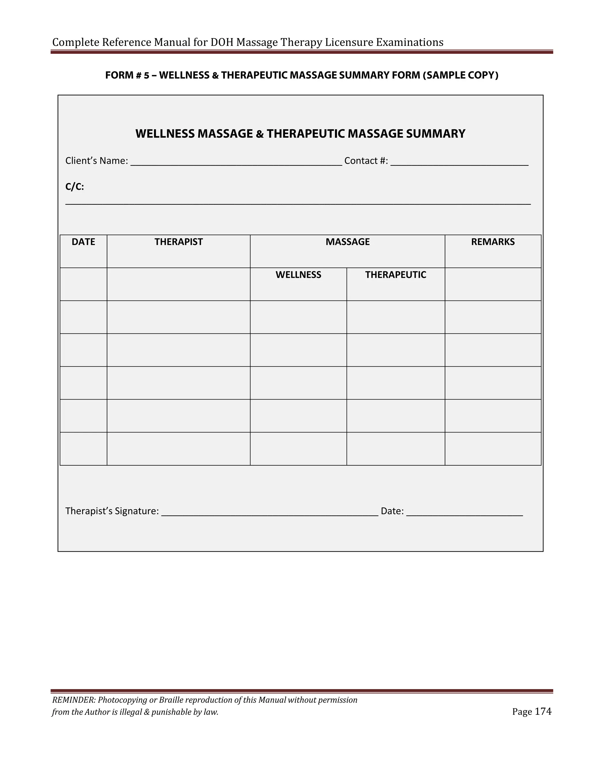 Complete Reference Manual for DOH Massage Therapy Licensure Examinations

FORM # 5 – WELLNESS & THERAPEUTIC MASSAGE SUMMARY FORM (SAMPLE COPY)

WELLNESS MASSAGE & THERAPEUTIC MASSAGE SUMMARY
Client’s Name: ________________________________________ Contact #: __________________________
C/C:
________________________________________________________________________________________

DATE

THERAPIST

MASSAGE
WELLNESS

REMARKS

THERAPEUTIC

Therapist’s Signature: _________________________________________ Date: ______________________

REMINDER: Photocopying or Braille reproduction of this Manual without permission
from the Author is illegal & punishable by law.

Page 174

 