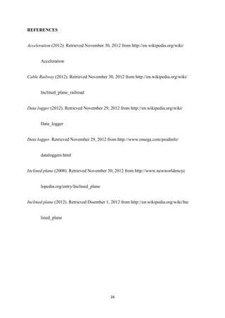 REFERENCES


Acceleration (2012). Retrieved November 30, 2012 from http://en.wikipedia.org/wiki/


       Acceleration


Cable Railway (2012). Retrieved November 30, 2012 from http://en.wikipedia.org/wiki/


       Inclined_plane_railroad


Data logger (2012). Retrieved November 29, 2012 from http://en.wikipedia.org/wiki/


       Data_logger


Data logger. Retrieved November 29, 2012 from http://www.omega.com/prodinfo/


       dataloggers.html


Inclined plane (2008). Retrieved November 30, 2012 from http://www.newworldencyc


       lopedia.org/entry/Inclined_plane


Inclined plane (2012). Retrieved Disember 1, 2012 from http://en.wikipedia.org/wiki/Inc


       lined_plane




                                            16
 