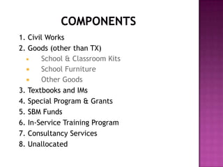 1. Civil Works
2. Goods (other than TX)
 School & Classroom Kits
 School Furniture
 Other Goods
3. Textbooks and IMs
4. Special Program & Grants
5. SBM Funds
6. In-Service Training Program
7. Consultancy Services
8. Unallocated
 