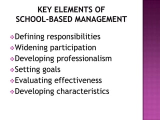 Defining responsibilities
Widening participation
Developing professionalism
Setting goals
Evaluating effectiveness
Developing characteristics
 