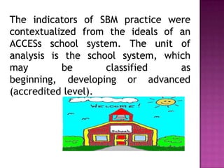 The indicators of SBM practice were
contextualized from the ideals of an
ACCESs school system. The unit of
analysis is the school system, which
may be classified as
beginning, developing or advanced
(accredited level).
 