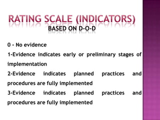 0 - No evidence
1-Evidence indicates early or preliminary stages of
implementation
2-Evidence indicates planned practices and
procedures are fully implemented
3-Evidence indicates planned practices and
procedures are fully implemented
 