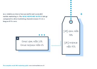 The complete retail SMS marketing guide: www.textmarketer.co.uk
As a retailer you know how powerful and successful
mobile marketing is. The HUGE RESPONSE RATES it brings
compared to other marketing channels means it’s in a
league of it’s own.
Email open rates 20%
Email response rates 6%
SMS open rates
98%
SMS response
rates 45%
X
 