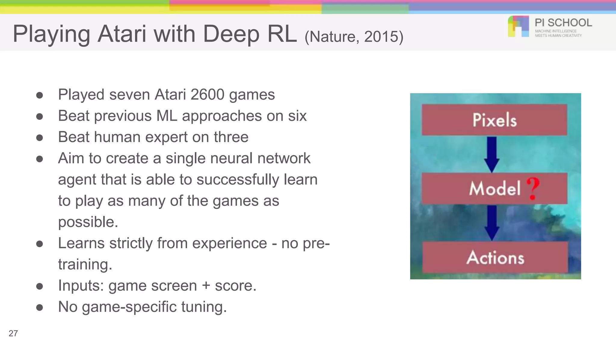 Playing Atari with Deep RL (Nature, 2015)
● Played seven Atari 2600 games
● Beat previous ML approaches on six
● Beat human expert on three
● Aim to create a single neural network
agent that is able to successfully learn
to play as many of the games as
possible.
● Learns strictly from experience - no pre-
training.
● Inputs: game screen + score.
● No game-specific tuning.
27
 