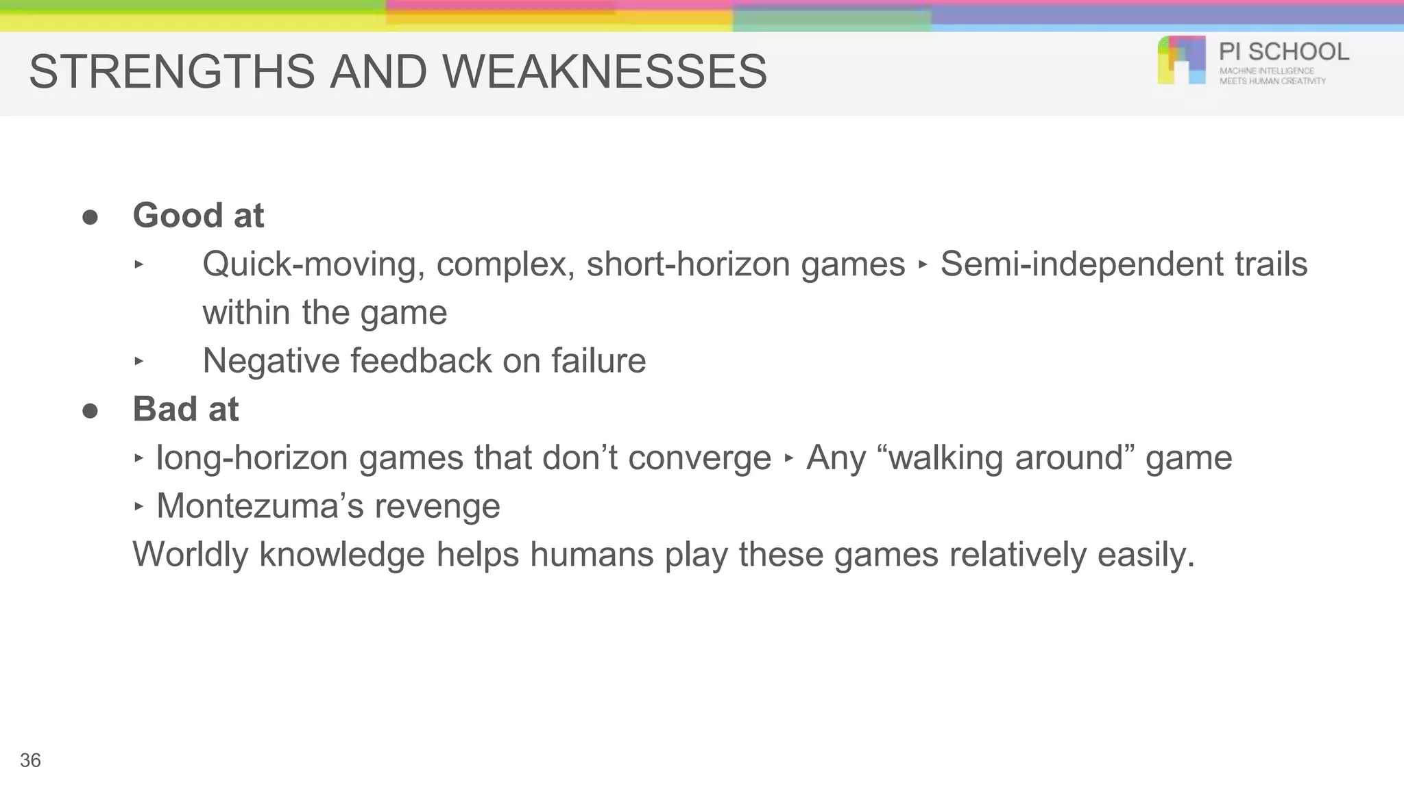 STRENGTHS AND WEAKNESSES
● Good at
‣ Quick-moving, complex, short-horizon games ‣ Semi-independent trails
within the game
‣ Negative feedback on failure
● Bad at
‣ long-horizon games that don’t converge ‣ Any “walking around” game
‣ Montezuma’s revenge
Worldly knowledge helps humans play these games relatively easily.
36
 
