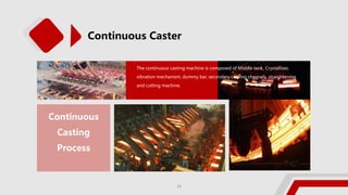 Continuous
Casting
Process
The continuous casting machine is composed of Middle tank, Crystallizer,
vibration mechanism, dummy bar, secondary cooling channels, straightening
and cutting machine.
Continuous Caster
16
 