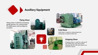 Auxiliary Equipment
Cold Shear
Cold shear is used for cutting head and
cutting tail, accident broken etc.
Gripping Shear
Gripping shear is used for cutting off
the rolled piece and stop further
feeding into the mill once there is an
operation failure.
Flying Shear
Flying shear is behind conveying
guide groove, for cutting head
of rolled piece and emergency
accident.
23
 