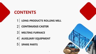 CONTENTS
LONG-PRODUCTS ROLLING MILL
1
CONTINUOUS CASTER
2
MELTING FURNACE
3
AUXILIARY EQUIPMENT
4
SPARE PARTS
5
3
 
