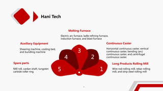 5
4
3
2
1
Melting Furnace
Electric arc furnace, ladle refining furnace,
induction furnace, and blast furnace
Continuous Caster
Horizontal continuous caster, vertical
continuous caster, bending (arc)
continuous caster, and centrifugal
continuous caster.
Long Products Rolling Mill
Wire rod rolling mill, rebar rolling
mill, and strip steel rolling mill
Auxiliary Equipment
Shearing machine, cooling bed,
and bundling machine
Spare parts
Mill roll, cardan shaft, tungsten
carbide roller ring
Hani Tech
4
 
