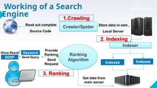 www.wscubetech.com
Crawler/Spider
Read out complete
Source Code
Store data in own
Local Server
Send
Request
Get data from
main server
Provide
Ranking
1.Crawling
Indexes Indexes
Ranking
Algorithm
Indexer
2. Indexing
3. Ranking
Working of a Search
Engine
www.wscubetech.com
Send Query
Show Result Keyword
SERP
 