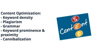 Content Optimization:
- Keyword density
- Plagiarism
- Grammar
- Keyword prominence &
proximity
- Cannibalization
 