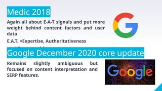 Medic 2018
Again all about E-A-T signals and put more
weight behind content factors and user
data
E.A.T. =Expertise, Authoritativeness
and Trustworthiness
Google December 2020 core update
Remains slightly ambiguous but
focused on content interpretation and
SERP features.
 