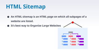 HTML Sitemap
● An HTML sitemap is an HTML page on which all subpages of a
website are listed.
● It’s best way to Organize Large Websites
 