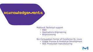 Mobius® Technical support
• R&D
• Applications Engineering
• Bioprocessing
Bio-Conjugation Center of Excellence St. Louis
• Global Process & Analytical Development
• ADC Production manufacturing
 