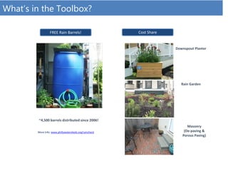 FREE Rain Barrels! Cost Share
Downspout Planter
Masonry
(De-paving &
Porous Paving)
Rain Garden
~4,500 barrels distributed since 2006!
More Info: www.phillywatersheds.org/raincheck
What’s in the Toolbox?
 
