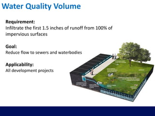 Requirement:
Infiltrate the first 1.5 inches of runoff from 100% of
impervious surfaces
Goal:
Reduce flow to sewers and waterbodies
Applicability:
All development projects
Water Quality Volume
 