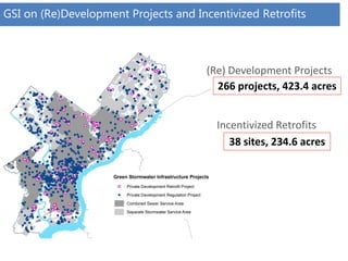 GSI on (Re)Development Projects and Incentivized Retrofits
266 projects, 423.4 acres
38 sites, 234.6 acres
(Re) Development Projects
Incentivized Retrofits
 