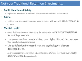 Not your Traditional Return on Investment…
• Public Health and Safety
– Significant reductions in narcotics possession and narcotics manufacture
• Crime
– 10% increase in urban tree canopy was associated with a roughly 12% decrease in
crime
• Mental Health
– Areas that have the most trees along the streets also had fewer prescriptions
for antidepressants
– …people reported less mental distress and higher life satisfaction when
they were living in greener areas
– Life satisfaction increased by 2% and psychological distress
decreased by 4%
– As green space increased within a 2.5-mile radius of where they lived, overall well-
being increased proportionally
 