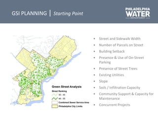 GSI PLANNING | Starting Point
• Street and Sidewalk Width
• Number of Parcels on Street
• Building Setback
• Presence & Use of On-Street
Parking
• Presence of Street Trees
• Existing Utilities
• Slope
• Soils / Infiltration Capacity
• Community Support & Capacity for
Maintenance
• Concurrent Projects
 