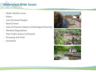 Watershed-Wide Issues
• Water Quality issues
• Odors
• Low Dissolved Oxygen
• Bank Erosion
• Lack of Channel Habitat and Biological Diversity
• Wetland Degradation
• Poor Public Access to Streams
• Dumping and Trash
• Vandalism
 