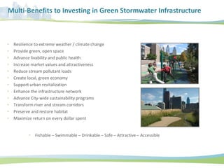 Multi-Benefits to Investing in Green Stormwater Infrastructure
• Resilience to extreme weather / climate change
• Provide green, open space
• Advance livability and public health
• Increase market values and attractiveness
• Reduce stream pollutant loads
• Create local, green economy
• Support urban revitalization
• Enhance the infrastructure network
• Advance City-wide sustainability programs
• Transform river and stream corridors
• Preserve and restore habitat
• Maximize return on every dollar spent
• Fishable – Swimmable – Drinkable – Safe – Attractive – Accessible
 