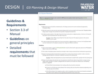 Guidelines &
Requirements
• Section 3.3 of
Manual
• Guidelines on
general principles
• Detailed
requirements that
must be followed
DESIGN | GSI Planning & Design Manual
 