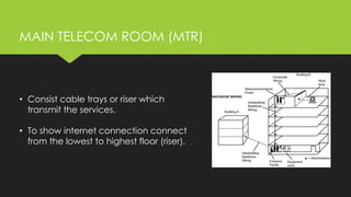 • Consist cable trays or riser which
transmit the services.
• To show internet connection connect
from the lowest to highest floor (riser).
MAIN TELECOM ROOM (MTR)
 