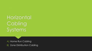 Horizontal
Cabling
Systems
A) Home Run Cabling
B) Zone Distribution Cabling
 