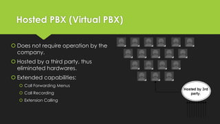 Hosted PBX (Virtual PBX)
 Does not require operation by the
company.
 Hosted by a third party, thus
eliminated hardwares.
 Extended capabilities:
 Call Forwarding Menus
 Call Recording
 Extension Calling
 