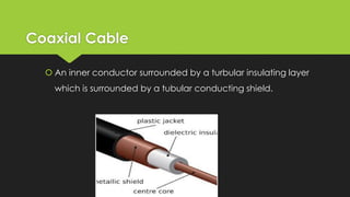 Coaxial Cable
 An inner conductor surrounded by a turbular insulating layer
which is surrounded by a tubular conducting shield.
 