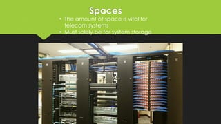 Spaces
• The amount of space is vital for
telecom systems
• Must solely be for system storage
 