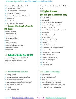 Want more Updates :- http://facebook.com/tanbir.ebooks
Facebook:- http://facebook.com/tanbir.cox Website :- http://tanbircox.blogspot.com
11) Bochon & Bornno(Uchcharon).pdf
12) Karoak & Vibokti.pdf
13) Kobi & Shahittik life Story .pdf
14) Parivashik Shobdho.pdf
15) Protishobdho,Upsorgho & Protoy.pdf
16) Shondhi.pdf
17) Somash.pdf
18) Somouccharit Shobdho.pdf
 Category Wise Bangla e-books for
BCS Exams
1) Bangla literature
2) Bangladesh study
3) chemistry
4) International Affairs
5) Math
6) Daily Science.zip
7) Geographical Information.zip
8) Medical Science.pdf
9) Science.pdf
 Xclusive Books For 34 BCS
Complete Bangle Grammar(A 2 Z).pdf
Bangladesh Affairs (Xclusive Short
Technique).pdf
International Affairs(Xclusive Short Technique
).pdf
English Grammar
(for BCS ,Job & Admission Test)
1) Adjective.pdf
2) Adverb.pdf
3) Analogy (English grammar).pdf
4) Appropriate Preposition.pdf
5) Correct Spelling.pdf
6) Countable and uncountable noun.pdf
7) Degree.pdf
8) For Self Practice.pdf
9) group verbs.pdf
10) Idioms and Phrases.pdf
11) Noun.pdf
12) Parts Of Speech.pdf
13) Preposition And Conjunction.pdf
14) Pronoun.pdf
15) Subject Verb Agreement.pdf
16) Tag Questions.pdf
17) Tense & Translation.pdf
18) Uses of Articles.pdf
19) Verb.pdf
20) Vocabulary.pdf
 Environment Science
1) Earthquake.pdf
2) Energy Technology(Environment).pdf
3) Environment dictionary.pdf
4) Environment Science of bangladesh.pdf
5) Environment Science.pdf
6) GIS.pdf
7) Global warming.pdf
 Funny knowledge
1) dinosaur.pdf
2) funny Knowledge.pdf
3) Love.pdf
4) Optical Illusions of Image.pdf
5) Supernatural Activity of Nature.pdf
6) World high-rise Buildings.pdf
 