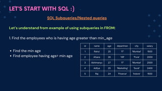 LET’S START WITH SQL :)
id name age departmen city salary
1 Rahul 25 'IT' 'Mumbai' 1500
2 Afsara 26 'HR' 'Pune' 2000
3 Abhimanyu 27 'IT' 'Mumbai' 2500
4 Aditya 25 'Marketing' 'Surat' 2400
5 Raj 24 'Finance' 'Indore' 1500
SQL Subqueries/Nested queries
Let’s understand from example of using subqueries in FROM:
1. Find the employees who is having age greater than min_age
Find the min age
Find employee having age> min age
 