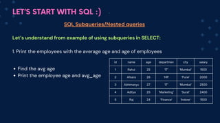 LET’S START WITH SQL :)
id name age departmen city salary
1 Rahul 25 'IT' 'Mumbai' 1500
2 Afsara 26 'HR' 'Pune' 2000
3 Abhimanyu 27 'IT' 'Mumbai' 2500
4 Aditya 25 'Marketing' 'Surat' 2400
5 Raj 24 'Finance' 'Indore' 1500
SQL Subqueries/Nested queries
Let’s understand from example of using subqueries in SELECT:
1. Print the employees with the average age and age of employees
Find the avg age
Print the employee age and avg_age
 