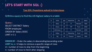 LET’S START WITH SQL :)
Top SQL Questions asked in interviews
Q.Write a query to find the nth highest salary in a table
id name age departmen city salary
1 Rahul 25 'IT' 'Mumbai' 1500
2 Afsara 26 'HR' 'Pune' 2000
3 Abhimanyu 27 'IT' 'Mumbai' 2500
4 Aditya 25 'Marketing' 'Surat' 2400
5 Raj 24 'Finance' 'Indore' 1500
Query :
SELECT DISTINCT Salary
FROM employee
ORDER BY Salary DESC
LIMIT n-1, 1;
ORDER BY - Order the salary in descending/ascending order
LIMIT m, n- It helps to retrieve a specific range of rows
m- number of rows to skip from the beginning
n- number of rows to fetch after skipping
 