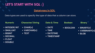 Datatypes in SQL
LET’S START WITH SQL :)
Data types are used to specify the type of data that a column can store.
Numeric Character/ String Date & Time Boolean Binary
INTEGER/ INT
SMALLINT
BIGINT
DECIMAL
FLOAT
DOUBLE
CHAR(n)
VARCHAR(n)
TEXT
DATE
TIME
DATETIME
TIMESTAMP
BOOLEAN BINARY(n)
VARBINARY(n)
BLOB
 