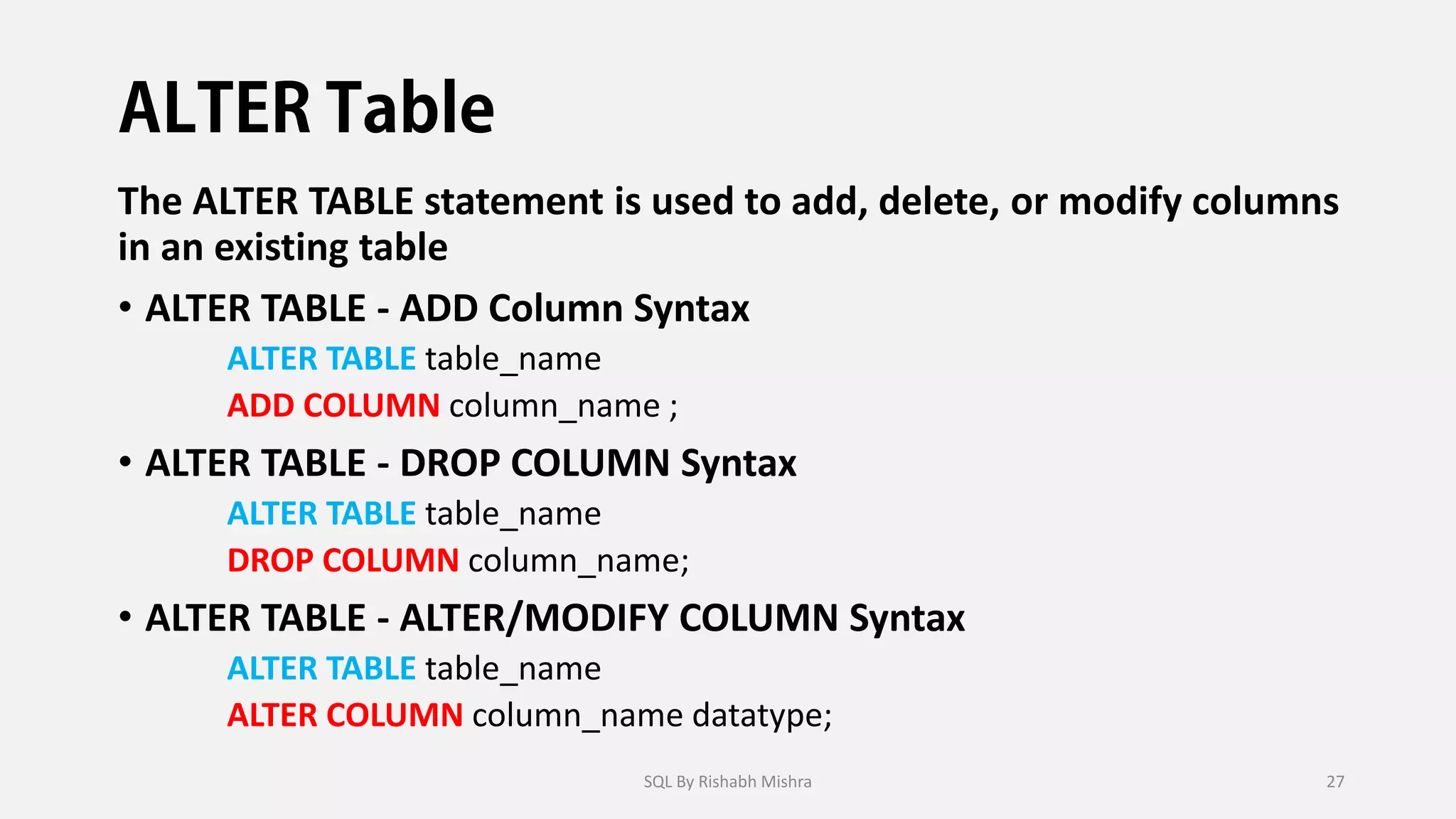 The ALTER TABLE statement is used to add, delete, or modify columns
in an existing table
• ALTER TABLE - ADD Column Syntax
ALTER TABLE table_name
ADD COLUMN column_name ;
• ALTER TABLE - DROP COLUMN Syntax
ALTER TABLE table_name
DROP COLUMN column_name;
• ALTER TABLE - ALTER/MODIFY COLUMN Syntax
ALTER TABLE table_name
ALTER COLUMN column_name datatype;
SQL By Rishabh Mishra 27
 