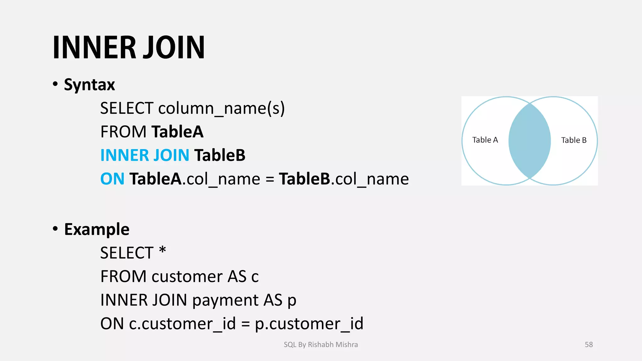 • Syntax
SELECT column_name(s)
FROM TableA
INNER JOIN TableB
ON TableA.col_name = TableB.col_name
• Example
SELECT *
FROM customer AS c
INNER JOIN payment AS p
ON c.customer_id = p.customer_id
SQL By Rishabh Mishra 58
 